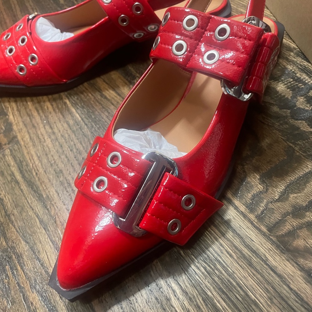 Red Patent Pointed Slingback Flats with Buckle Detail - Picture 6 of 8